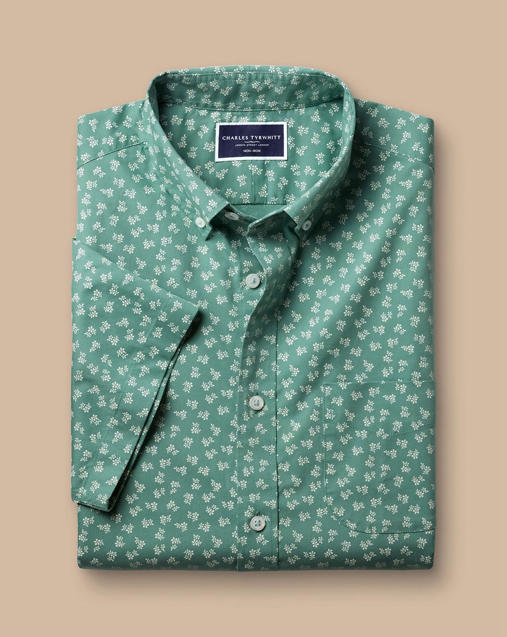 Teal Green Charles Tyrwhitt Non-Iron Floral Print Short Sleeve Shirt | EFGNDH-237