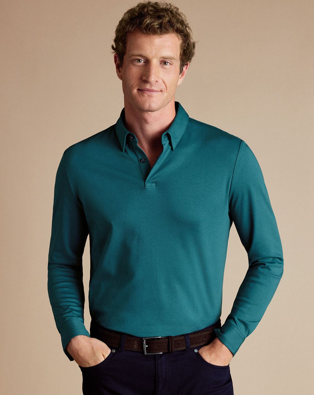 Teal Green Charles Tyrwhitt Smart Long Sleeve Jersey Polo | YNHUBL-031