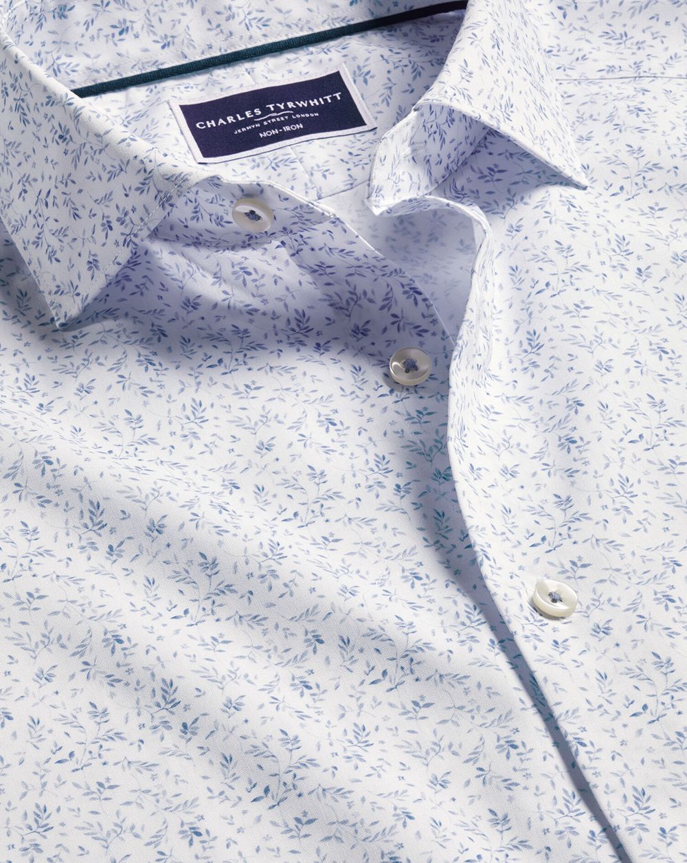 White/Blue Charles Tyrwhitt Semi-Spread Collar Non-Iron Stretch Leaf Print Shirt | ABQLCW-926