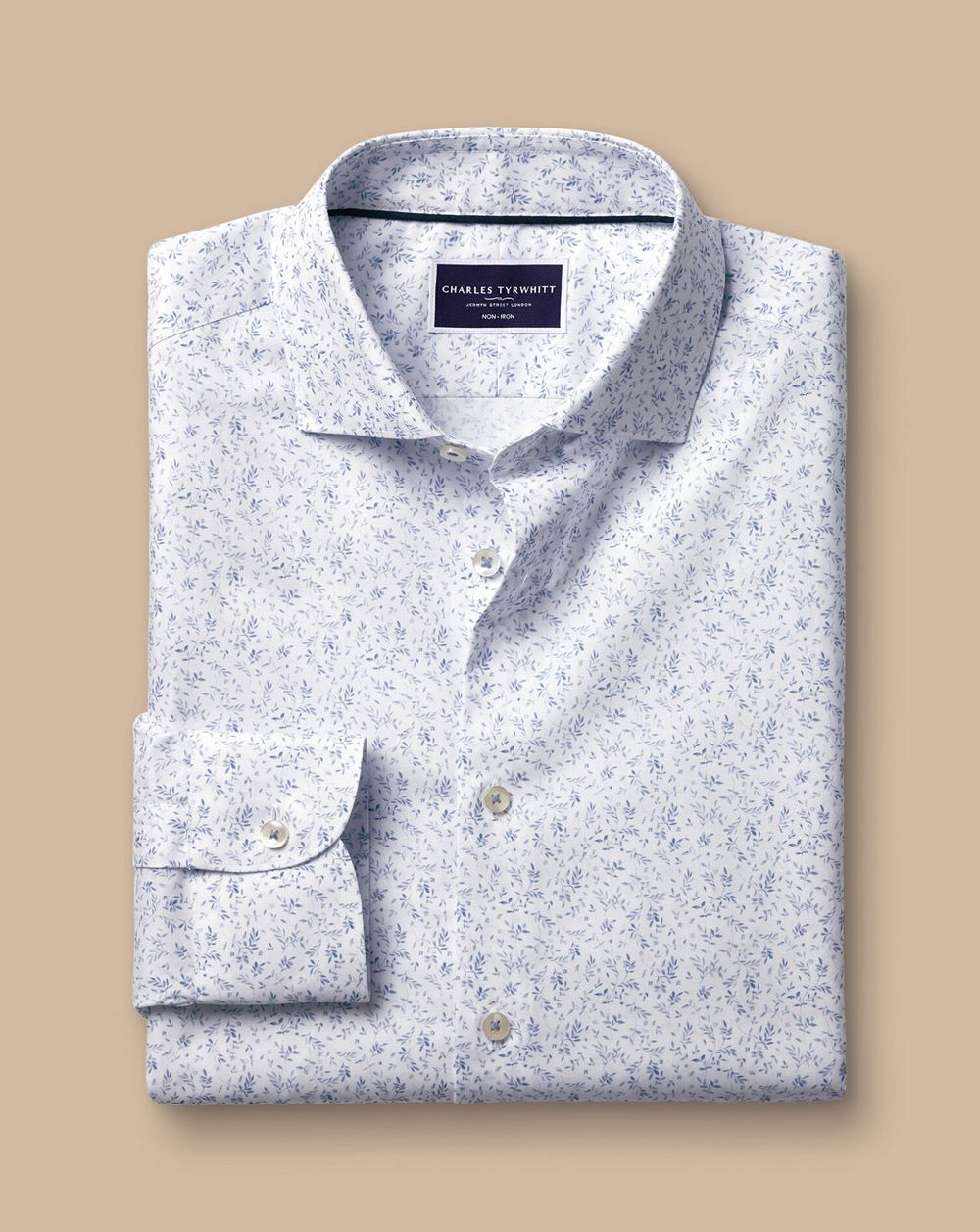 White/Blue Charles Tyrwhitt Semi-Spread Collar Non-Iron Stretch Leaf Print Shirt | ABQLCW-926