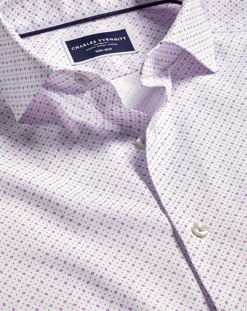 White/Lilac Purple Charles Tyrwhitt Semi-Spread Collar Non-Iron Stretch Diamond Print Shirt | ZGMVLR-358