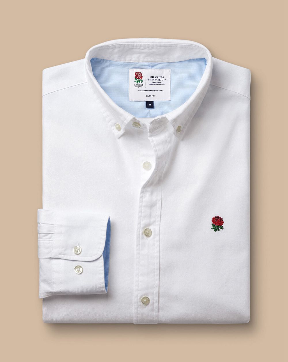 White Charles Tyrwhitt England Rugby Button-Down Collar Washed Oxford Shirt With Red Rose | IETBGK-862