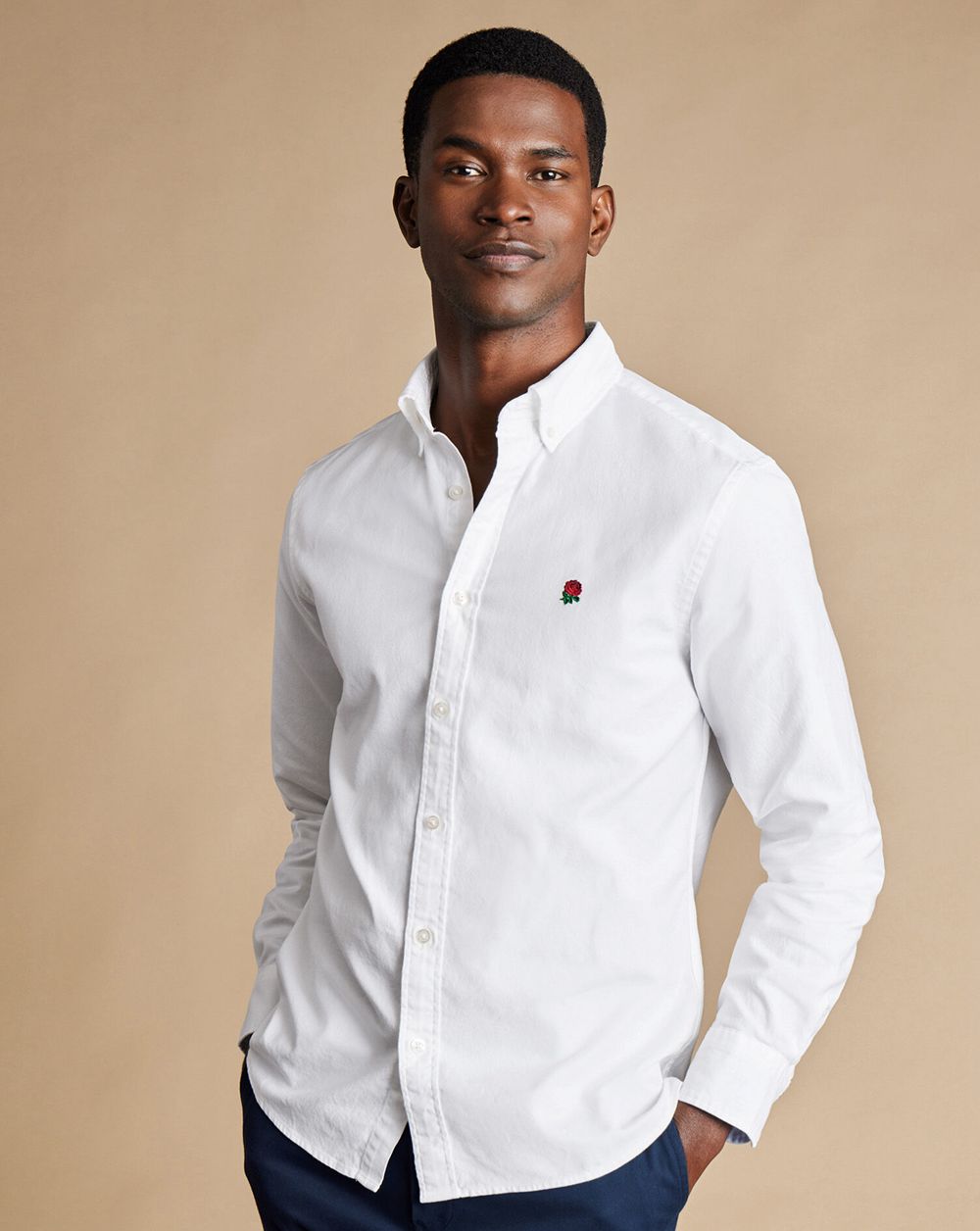 White Charles Tyrwhitt England Rugby Button-Down Collar Washed Oxford Shirt With Red Rose | IETBGK-862