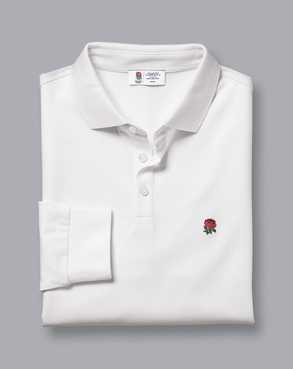 White Charles Tyrwhitt England Rugby Long Sleeve Pique Polo | YTKUMW-587