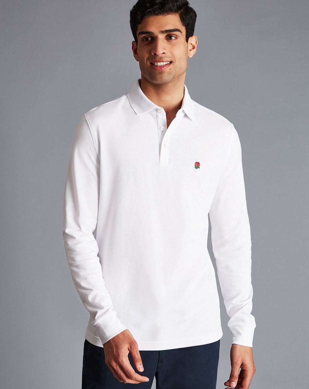 White Charles Tyrwhitt England Rugby Long Sleeve Pique Polo | YTKUMW-587