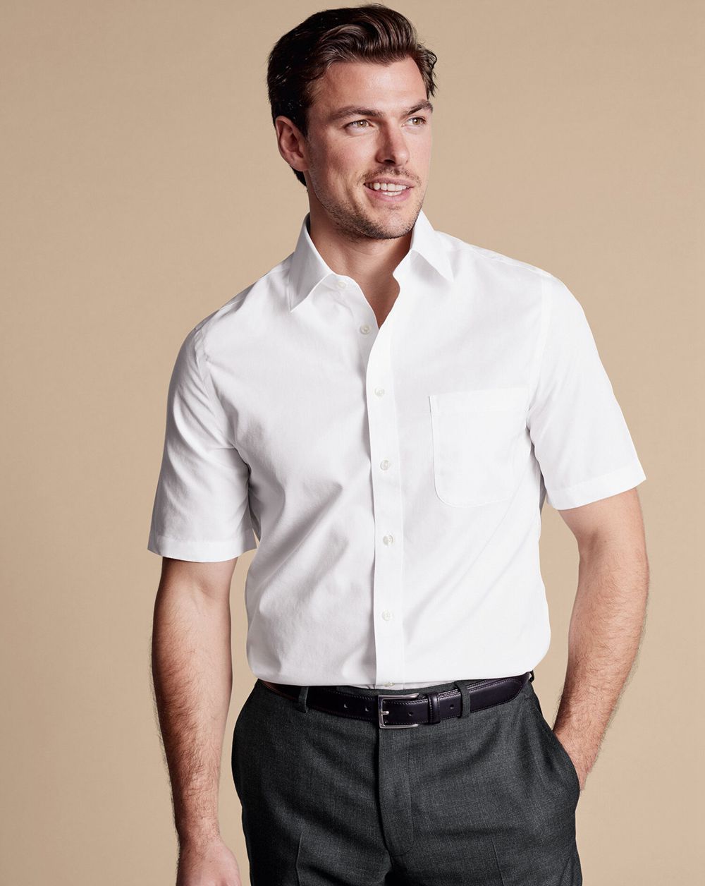 White Charles Tyrwhitt Non-Iron Poplin Short-Sleeve Shirt | SBVCYF-571