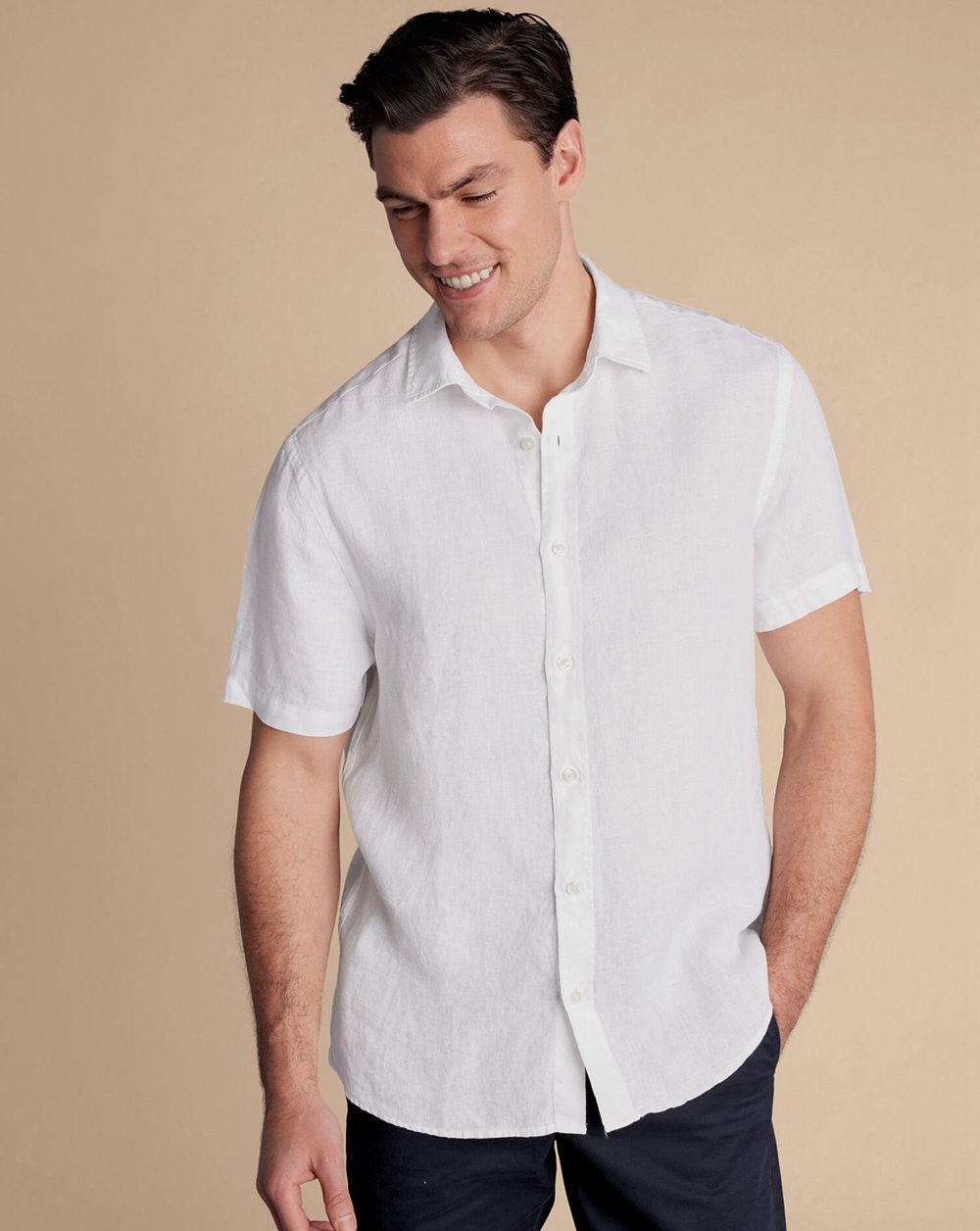 White Charles Tyrwhitt Pure Linen Short Sleeve Shirt | JMEYCG-591