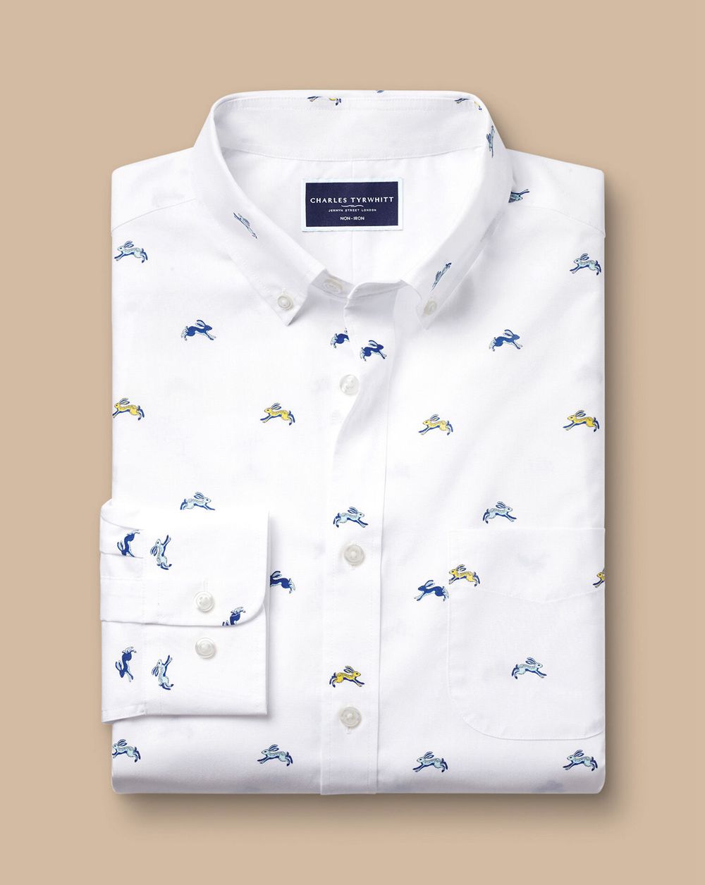 White Multi Charles Tyrwhitt Button-Down Collar Non-Iron Stretch Hare Print Shirt | TKXWHE-814