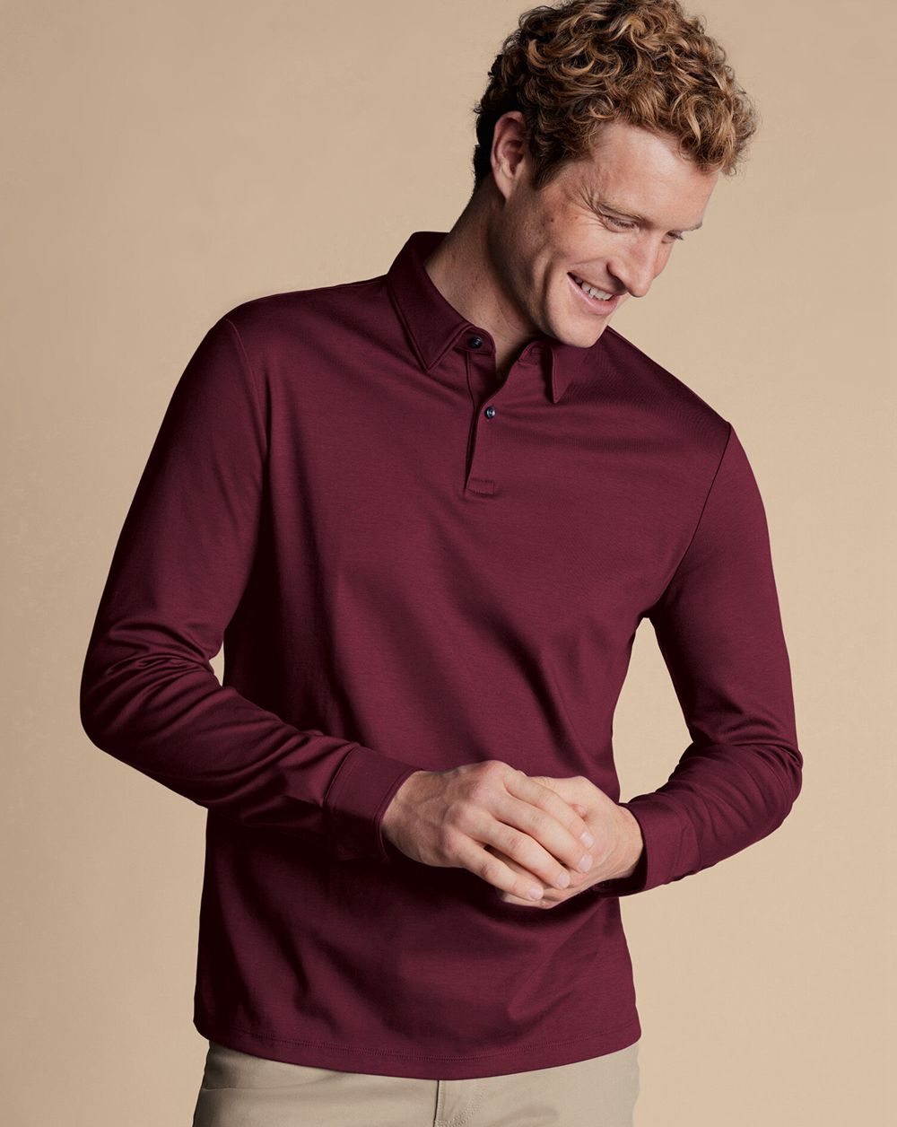 Wine Charles Tyrwhitt Smart Long Sleeve Jersey Polo | LWFJMP-326